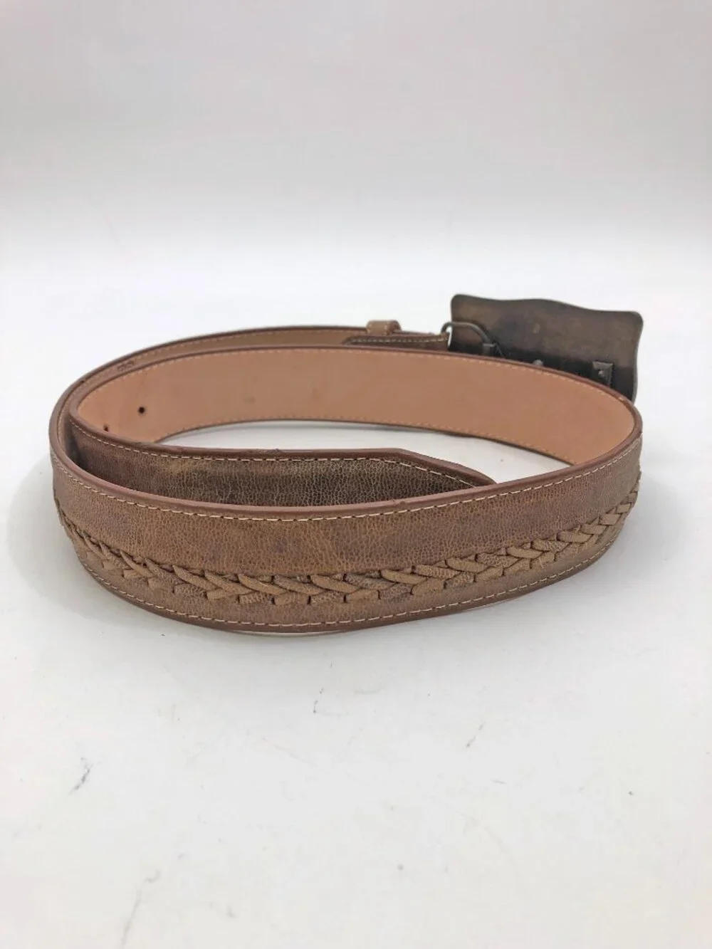 Western leather Belt Size 34 Tan w/Longhorn Buckle & Braided Accent Belt